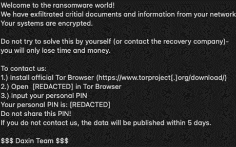 Figure 1 Note de rançon Daixin (source : CISA)